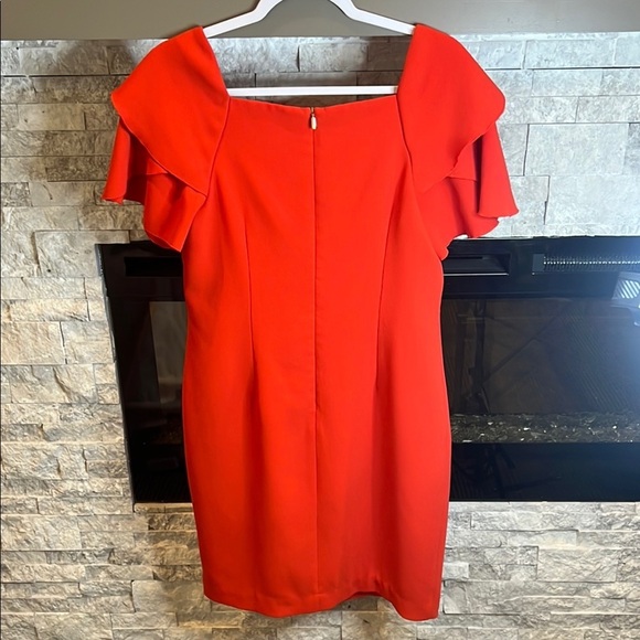 Trina Turk Red Orange Sheath Party Dress, Square Neckline Tiered Sleeves, size 4 - Picture 8 of 13